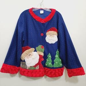 Vintage Santa Claus & Christmas tree fleece cardigan with‎ faux fur trim size M